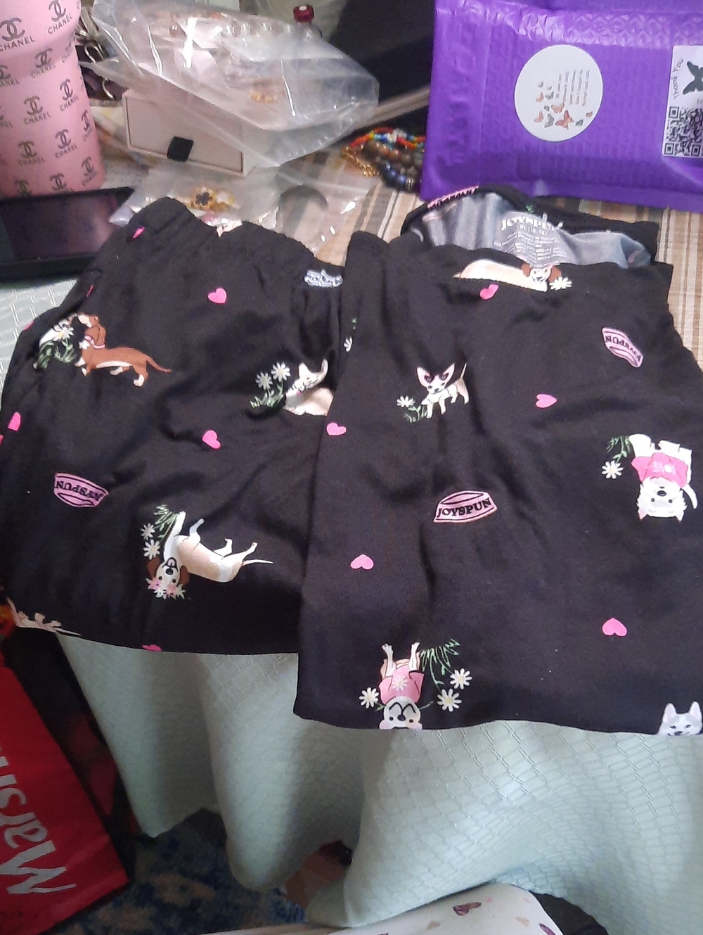 Black Pajama Set with Cute Dog & Pink Heart Print